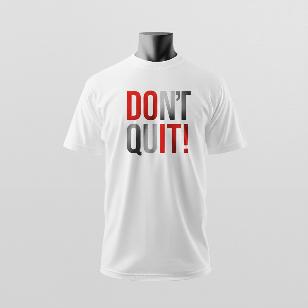Ein weißes T-Shirt mit der Aufschrift „Don’t quit!“ wird frontal präsentiert – Sinnstoff.