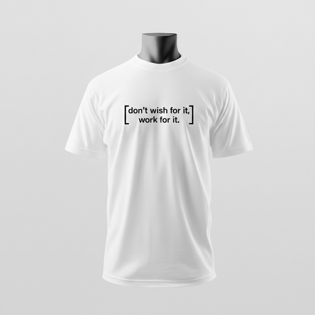 Ein weißes T-Shirt mit der minimalistischen Aufschrift „don’t wish for it, work for it.“ wird clean präsentiert – Sinnstoff.