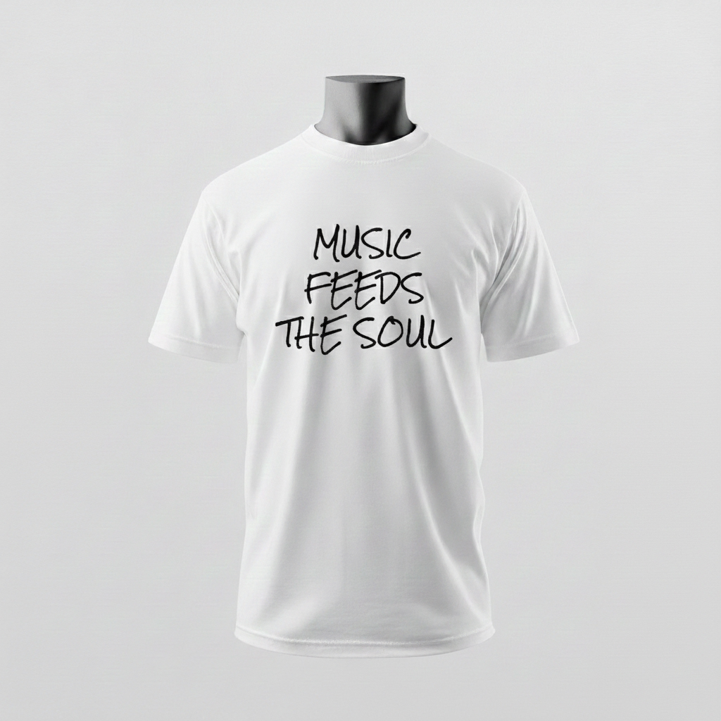 Ein weißes T-Shirt mit der ausdrucksstarken Aufschrift „Music feeds the soul“ wird schlicht präsentiert – Sinnstoff.