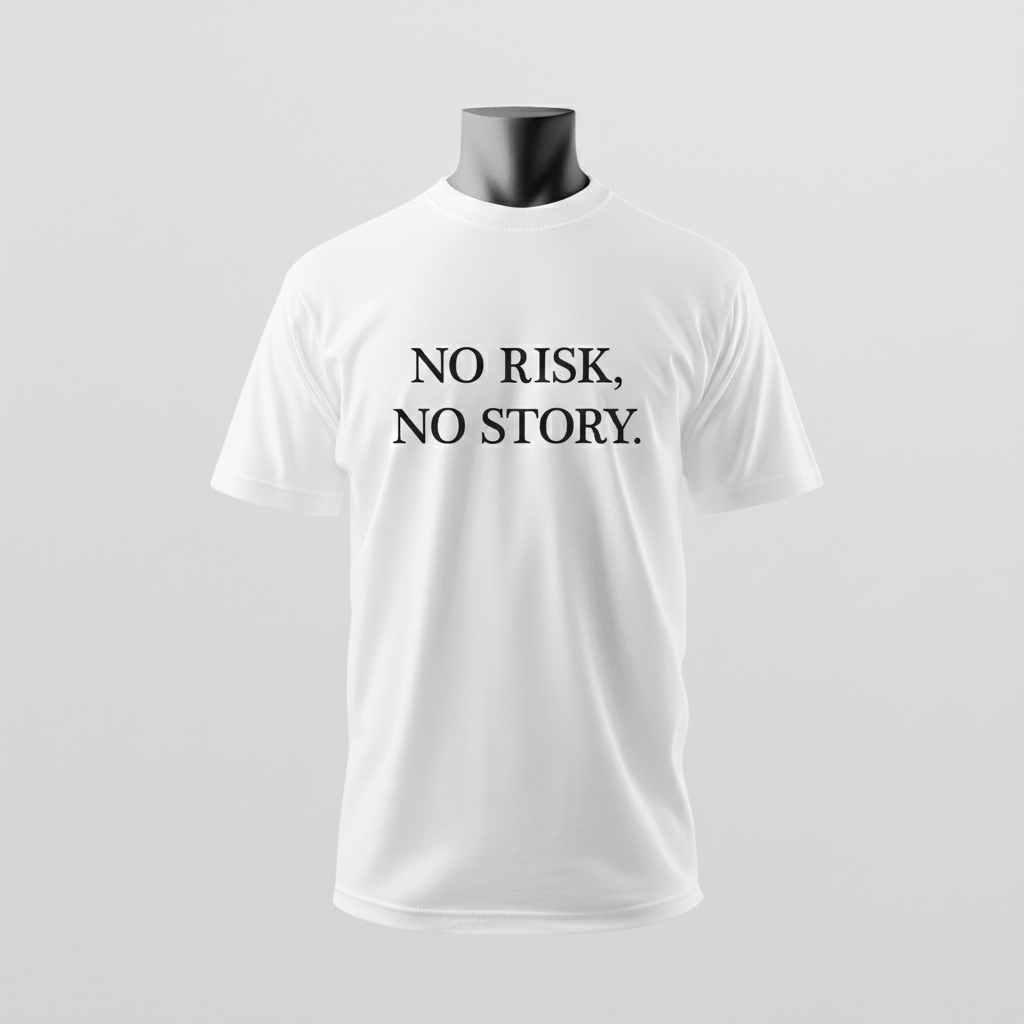 Ein weißes T-Shirt mit der Aufschrift „No risk, no story“ wird minimalistisch präsentiert – Sinnstoff.