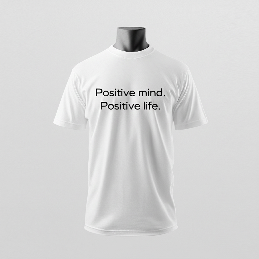 Ein weißes T-Shirt mit der positiven Botschaft „Positive mind. Positive life.“ wird clean inszeniert – Sinnstoff.