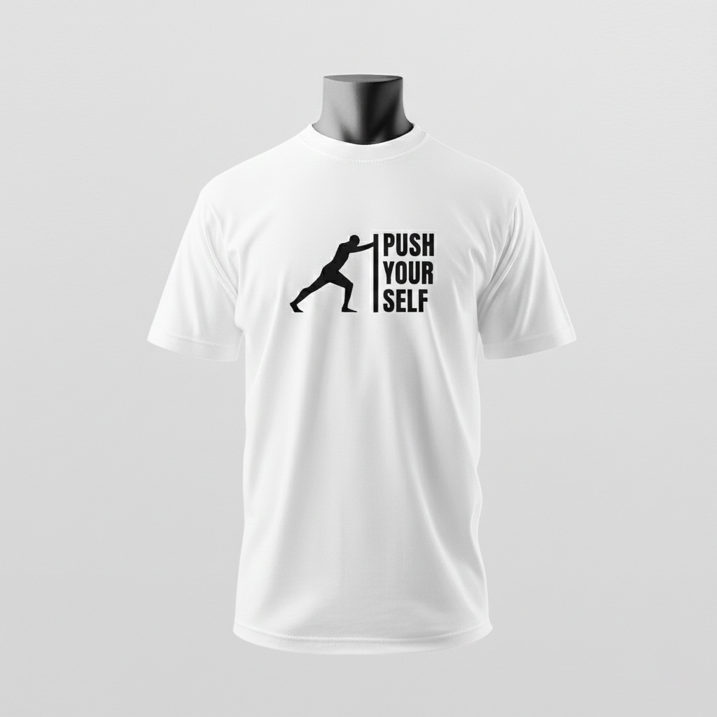 Ein weißes T-Shirt mit sportlicher Grafik und der Aufschrift „Push yourself“ wird minimalistisch präsentiert – Sinnstoff.