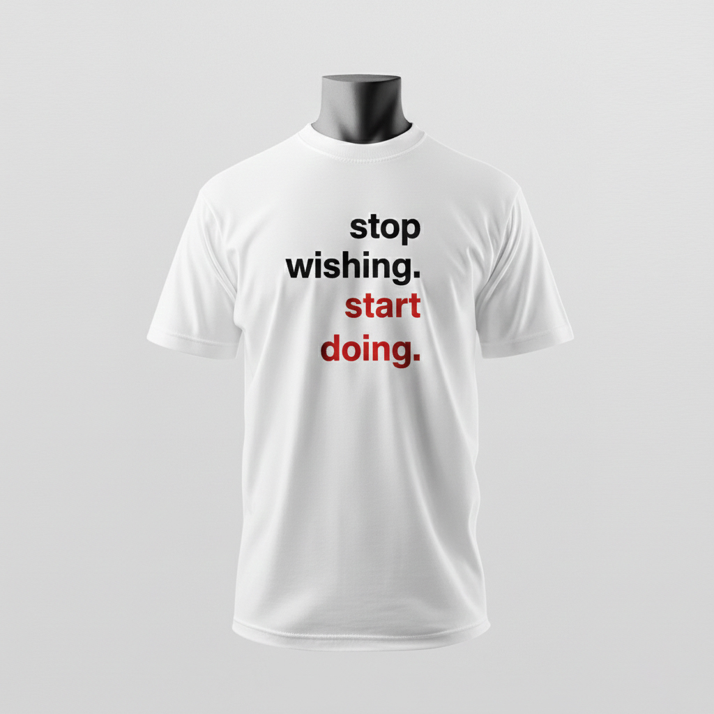 Ein weißes T-Shirt mit der motivierenden Aufschrift „stop wishing. start doing.“ wird clean präsentiert – Sinnstoff.