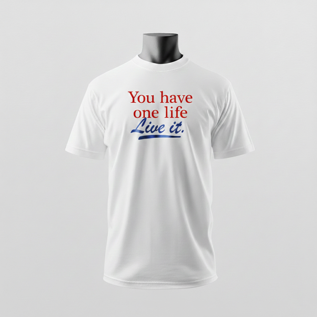 Ein weisses T-Shirt mit der inspirierenden Aufschrift „You have one life – Live it.“ wird minimalistisch präsentiert – Sinnstoff.