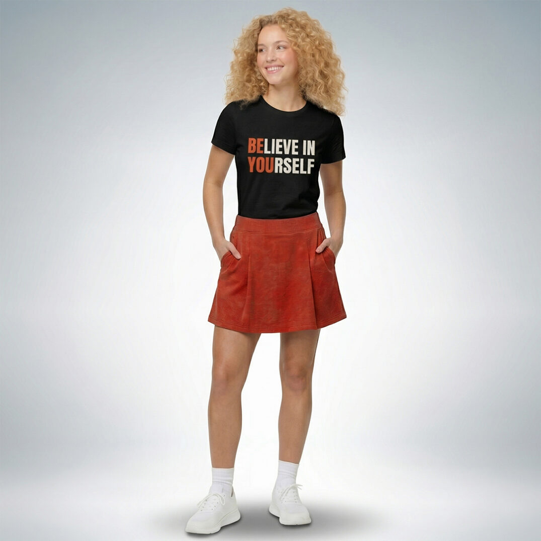 Ein weibliches Model präsentiert ein schwarzes T-Shirt mit der Aufschrift „Believe in yourself“ – Sinnstoff.