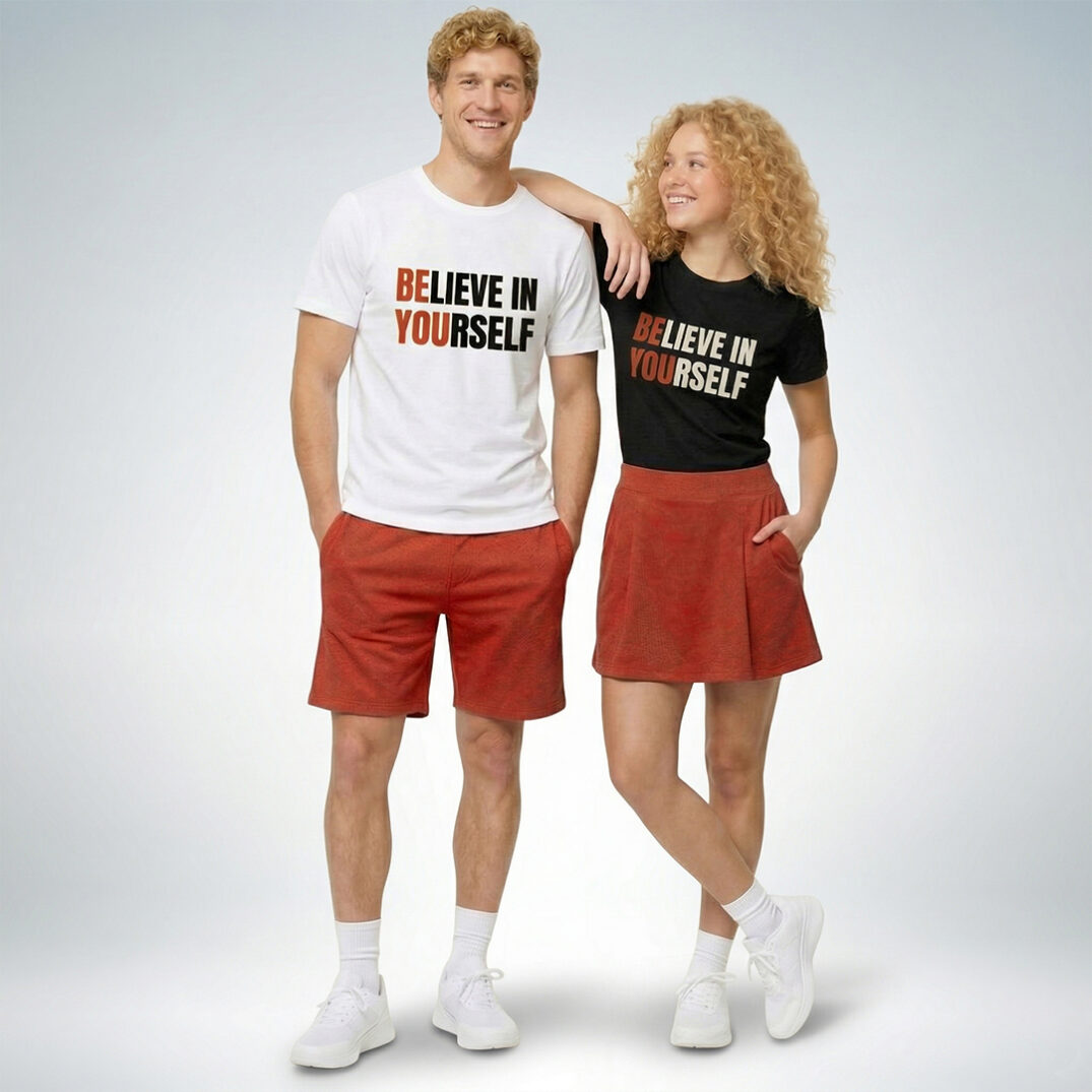 Zwei Models präsentieren weiße und schwarze T-Shirts mit der Aufschrift „Believe in yourself“ – Sinnstoff.