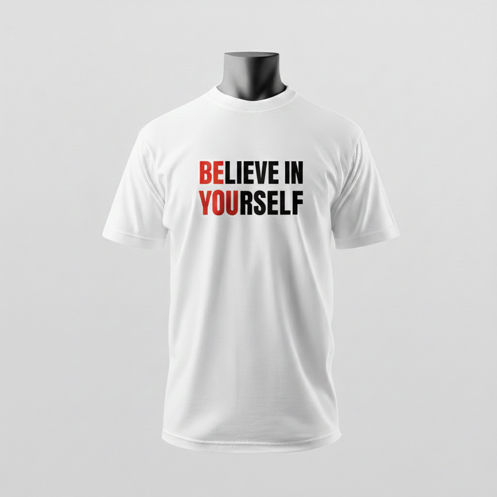 Ein weißes T-Shirt mit kontrastreicher Aufschrift „BELIEVE IN YOURSELF“ in Rot und Weiß wird schlicht vor neutralem Hintergrund präsentiert – Sinnstoff