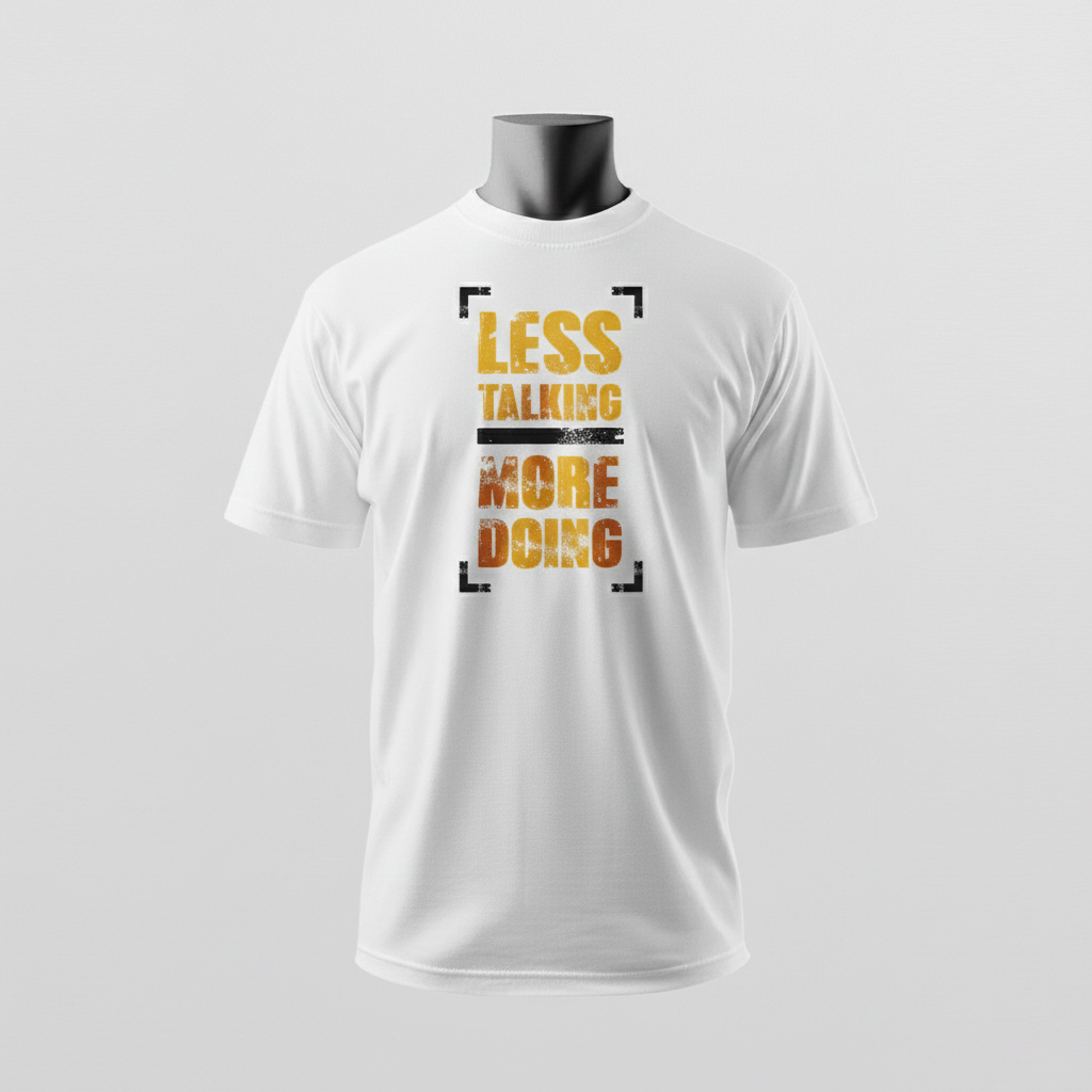 Ein weißes T-Shirt mit markanter Aufschrift „Less talking more doing“ wird modern präsentiert – Sinnstoff.