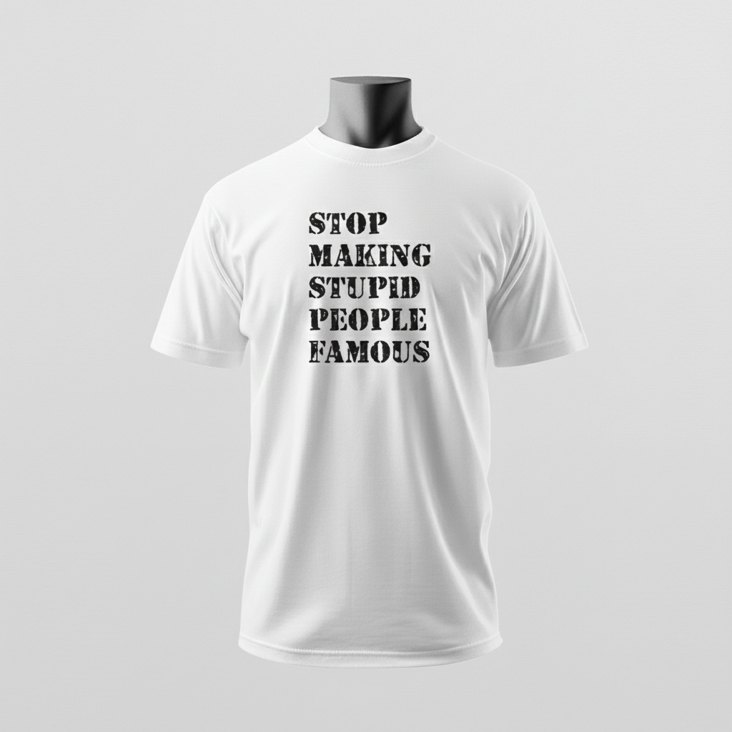 Ein weißes T-Shirt mit der auffälligen Aufschrift „STOP MAKING STUPID PEOPLE FAMOUS“ wird minimalistisch vor neutralem Hintergrund präsentiert – Sinnstoff
