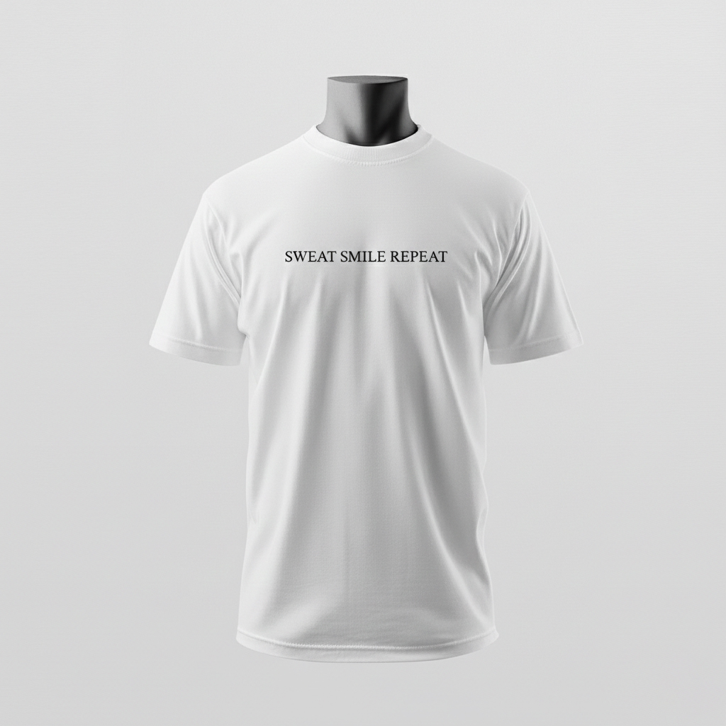 Ein weißes T-Shirt mit der dezenten Aufschrift „SWEAT SMILE REPEAT“ wird clean vor neutralem Hintergrund präsentiert – Sinnstoff