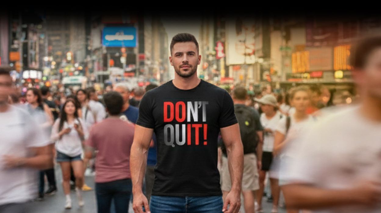 Ein männliches Model trägt ein schwarzes T-Shirt mit der motivierenden Aufschrift „DON’T QUIT!“ in einer belebten Stadtszene – Sinnstoff