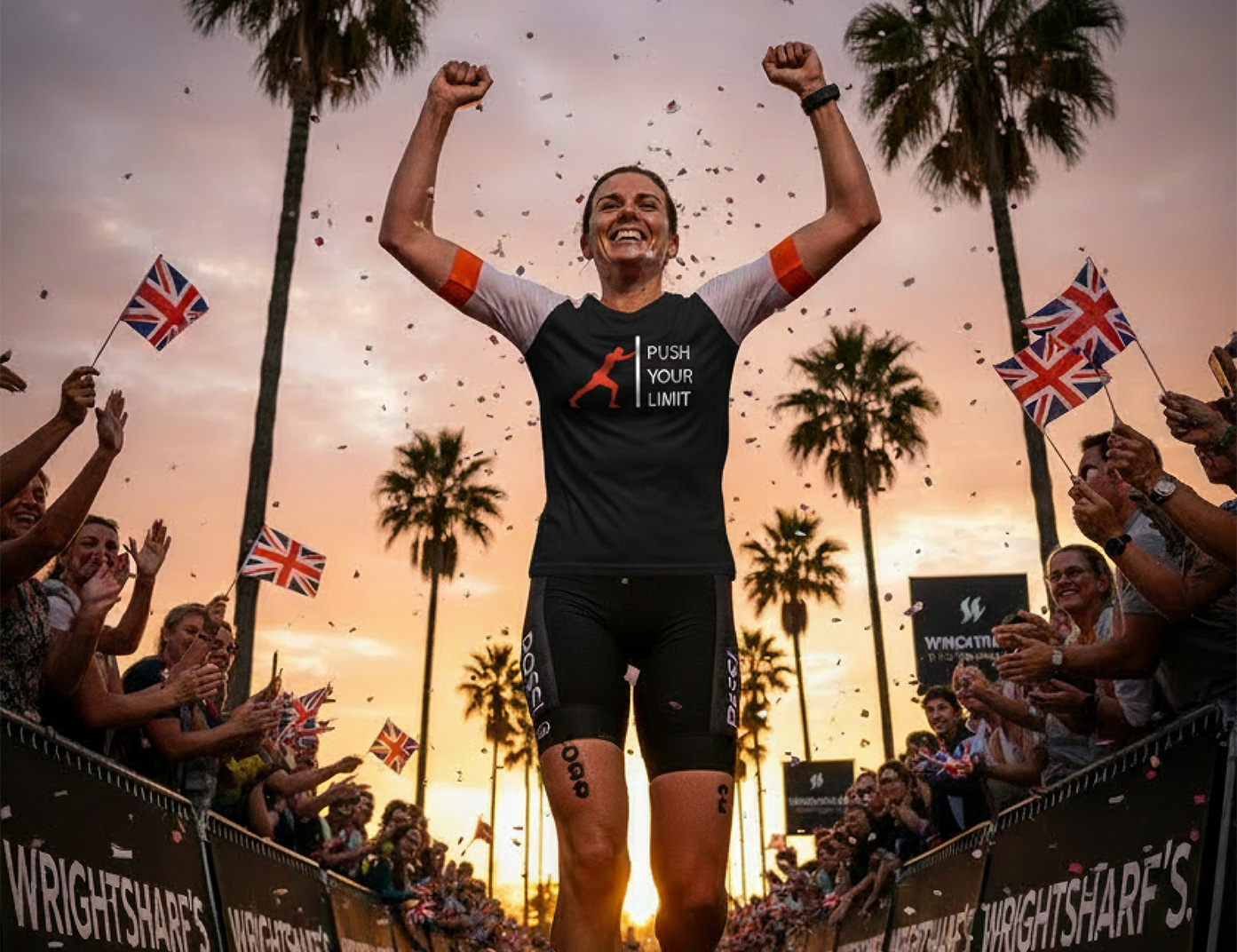 Ein sportliches weibliches Model feiert den Zieleinlauf im schwarzen T-Shirt mit der Aufschrift „Push your limit“ – Sinnstoff.
